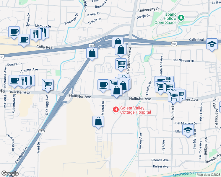 map of restaurants, bars, coffee shops, grocery stores, and more near 5350 Hollister Avenue in Goleta