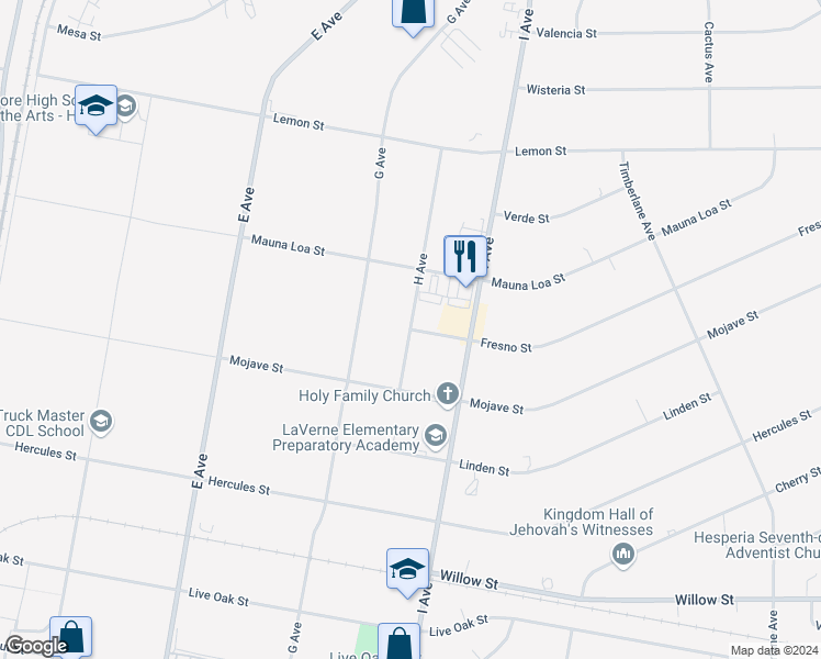 map of restaurants, bars, coffee shops, grocery stores, and more near Fresno Street in Hesperia