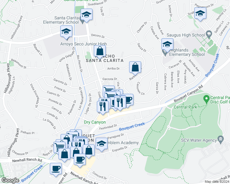 map of restaurants, bars, coffee shops, grocery stores, and more near 22528 Paseo Terraza in Santa Clarita