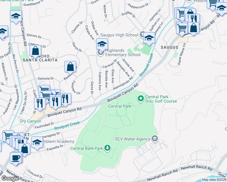 map of restaurants, bars, coffee shops, grocery stores, and more near 22038 Alamogordo Road in Santa Clarita