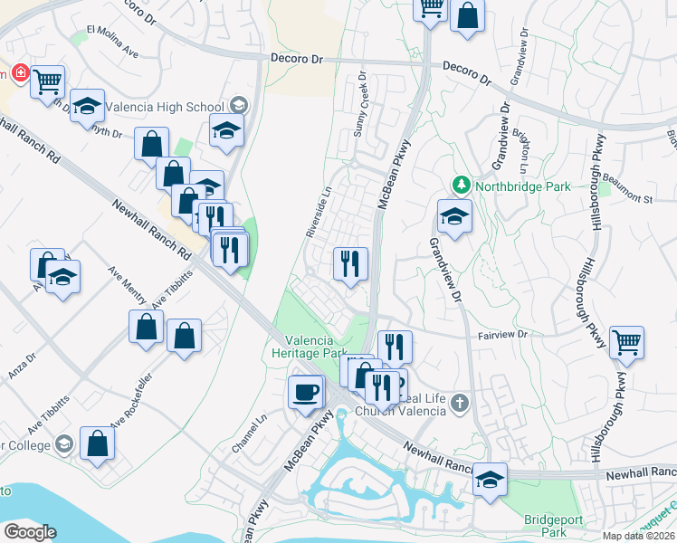 map of restaurants, bars, coffee shops, grocery stores, and more near 24044 Whitewater Drive in Santa Clarita