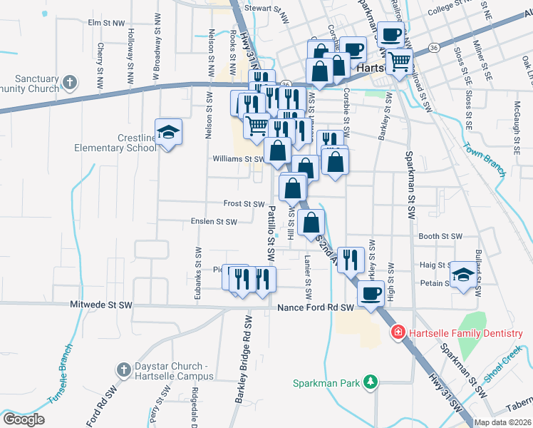 map of restaurants, bars, coffee shops, grocery stores, and more near 914 Pattillo Street Southwest in Hartselle