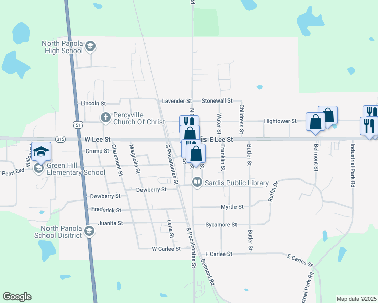 map of restaurants, bars, coffee shops, grocery stores, and more near 147 South Main Street in Sardis