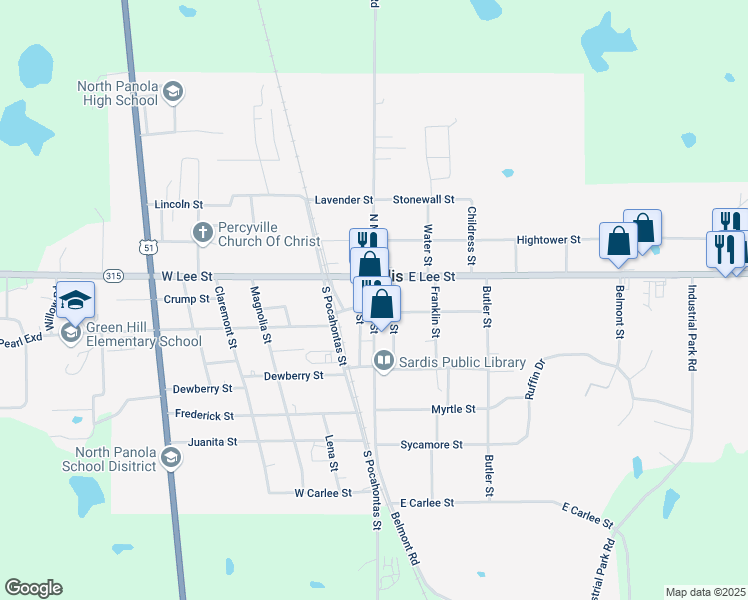 map of restaurants, bars, coffee shops, grocery stores, and more near 147 South Main Street in Sardis