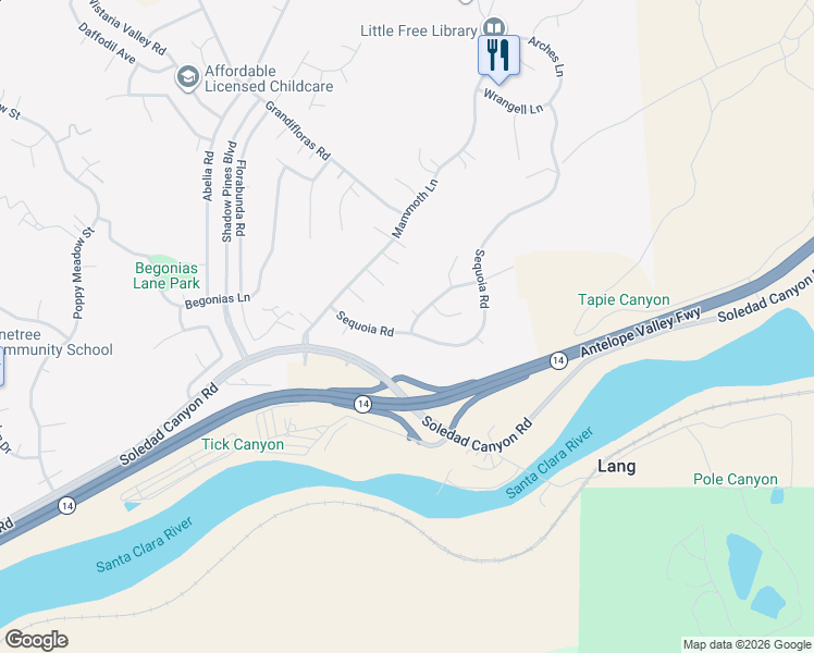 map of restaurants, bars, coffee shops, grocery stores, and more near 14305 Sequoia Road in Santa Clarita