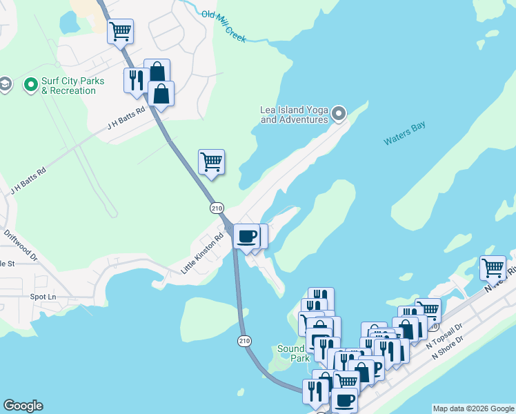 map of restaurants, bars, coffee shops, grocery stores, and more near 103 Atkinson Point Road in Surf City