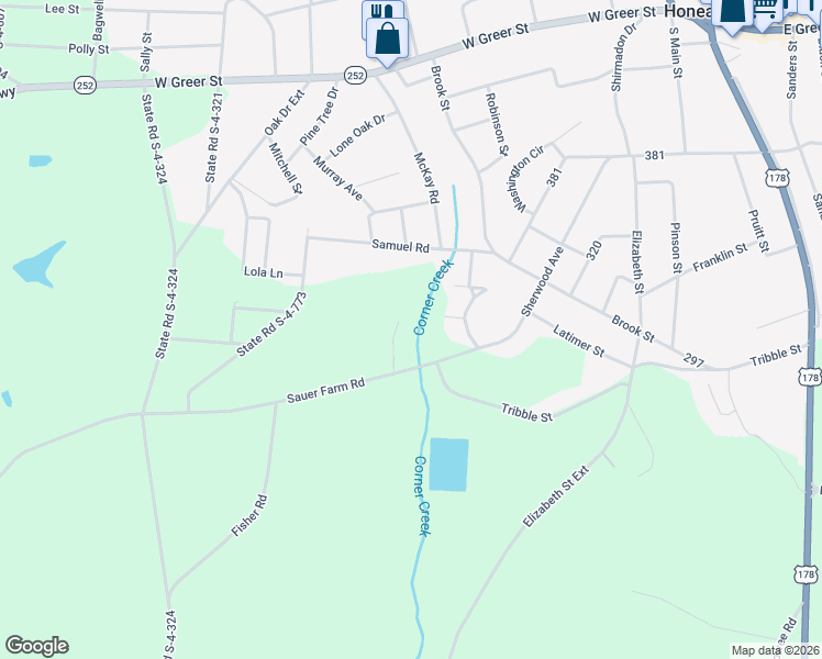 map of restaurants, bars, coffee shops, grocery stores, and more near 104 Brookside Circle in Honea Path