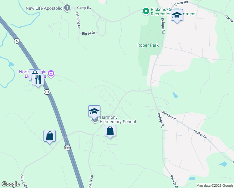 map of restaurants, bars, coffee shops, grocery stores, and more near 272 Harmony School Road in Jasper