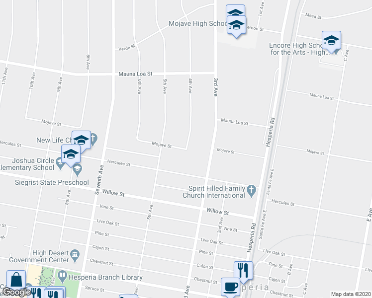 map of restaurants, bars, coffee shops, grocery stores, and more near 16398 Mojave Street in Hesperia
