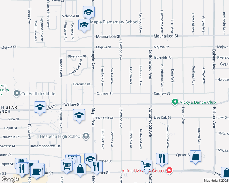 map of restaurants, bars, coffee shops, grocery stores, and more near 10219 Victor Avenue in Hesperia