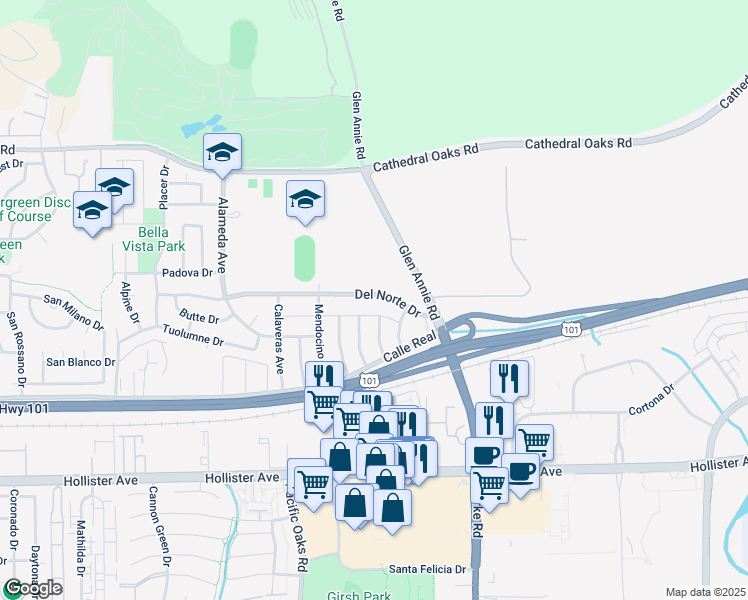 map of restaurants, bars, coffee shops, grocery stores, and more near 61 Amador Avenue in Goleta