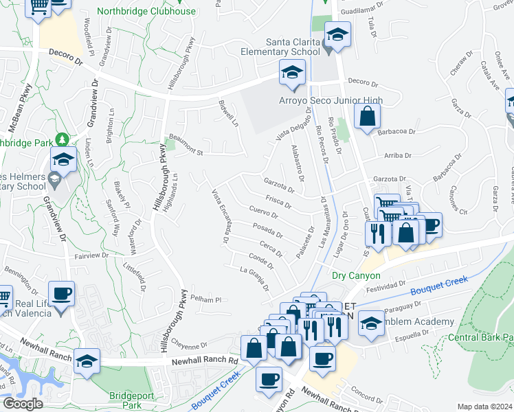 map of restaurants, bars, coffee shops, grocery stores, and more near 23113 Cuervo Drive in Santa Clarita