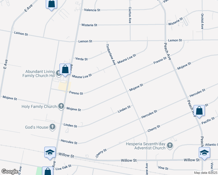 map of restaurants, bars, coffee shops, grocery stores, and more near 17861 Fresno Street in Hesperia