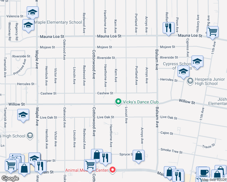 map of restaurants, bars, coffee shops, grocery stores, and more near 15024 Cashew Street in Hesperia