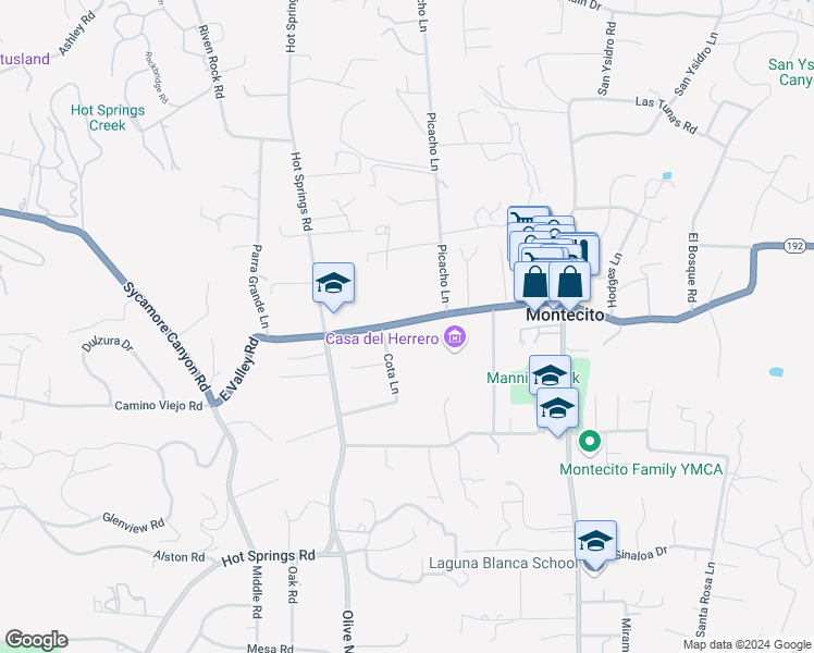 map of restaurants, bars, coffee shops, grocery stores, and more near 1357 East Valley Road in Montecito