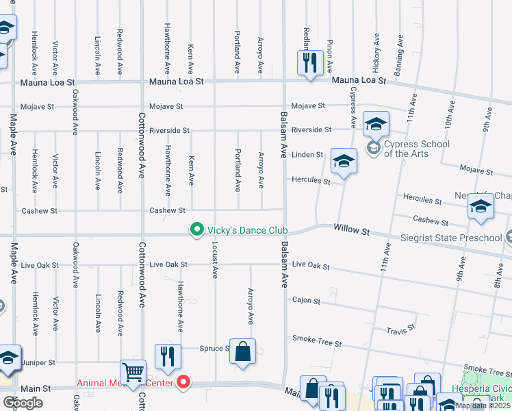 map of restaurants, bars, coffee shops, grocery stores, and more near 15220 Cashew Street in Hesperia