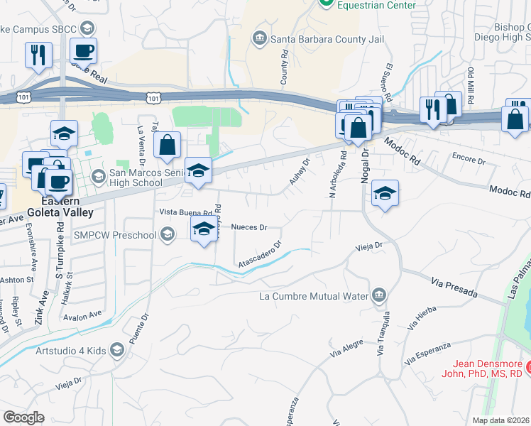 map of restaurants, bars, coffee shops, grocery stores, and more near 4545 Auhay Drive in Santa Barbara