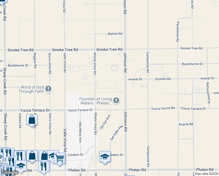 map of restaurants, bars, coffee shops, grocery stores, and more near 10200 Johnson Road in Phelan