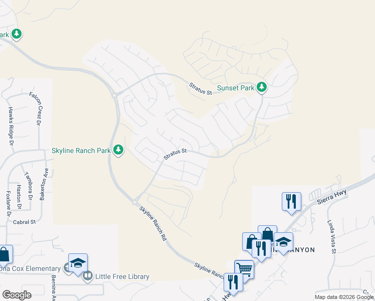 map of restaurants, bars, coffee shops, grocery stores, and more near Stratus Street in Santa Clarita