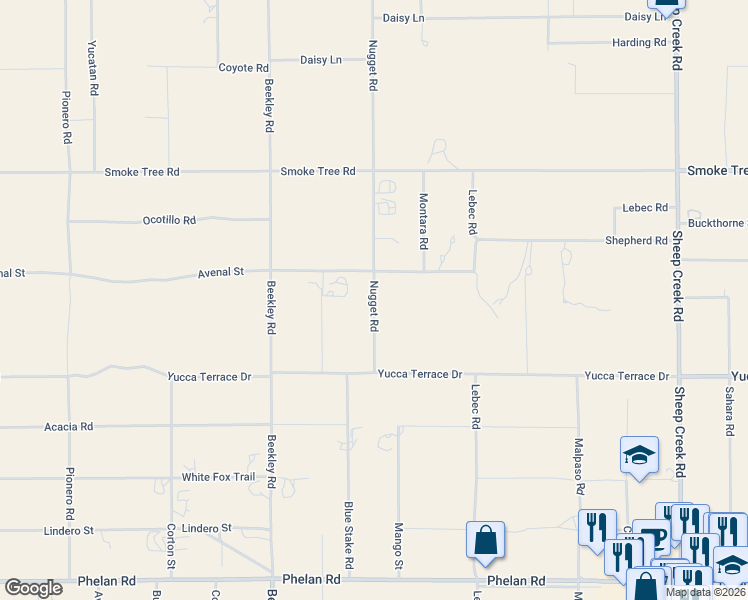 map of restaurants, bars, coffee shops, grocery stores, and more near 10321 Nugget Road in Phelan