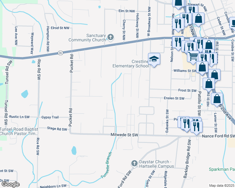 map of restaurants, bars, coffee shops, grocery stores, and more near 901 Bellemeade Street Southwest in Hartselle