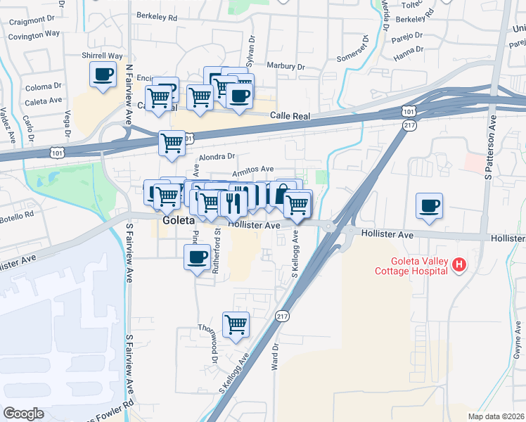 map of restaurants, bars, coffee shops, grocery stores, and more near 175 Kinman Avenue in Goleta