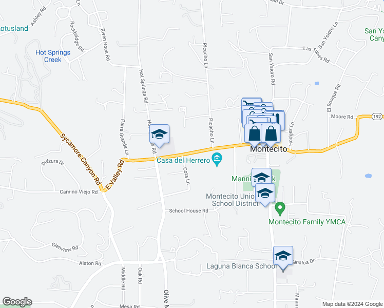 map of restaurants, bars, coffee shops, grocery stores, and more near 1353 East Valley Road in Montecito