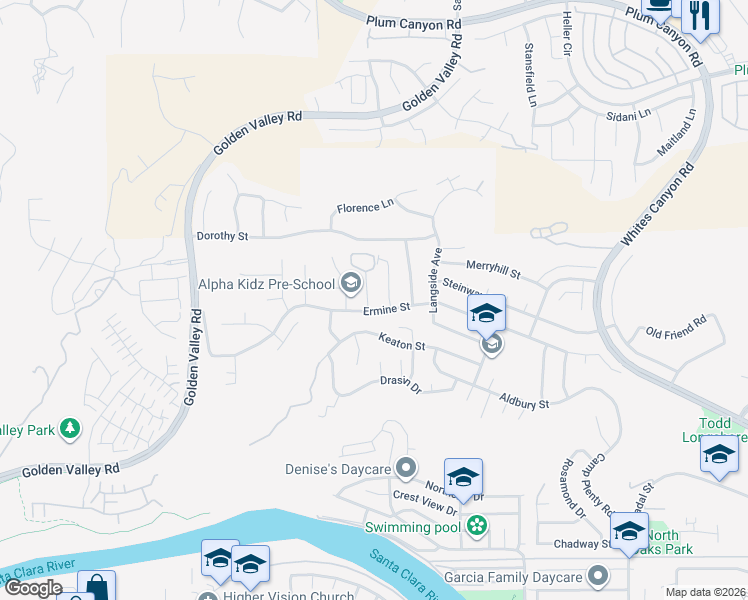 map of restaurants, bars, coffee shops, grocery stores, and more near 28032 Lakehurst Avenue in Santa Clarita