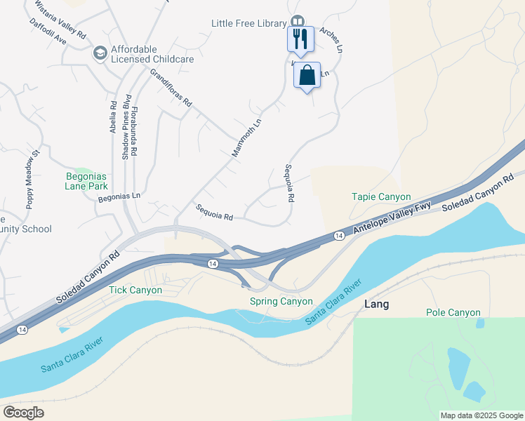 map of restaurants, bars, coffee shops, grocery stores, and more near 14226 Everglades Court in Santa Clarita