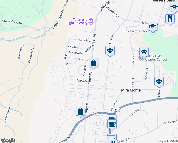 map of restaurants, bars, coffee shops, grocery stores, and more near 1107 South Rice Road in Ojai