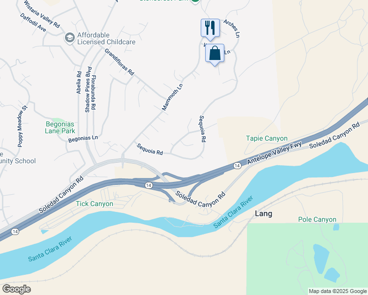 map of restaurants, bars, coffee shops, grocery stores, and more near 14226 Everglades Court in Santa Clarita
