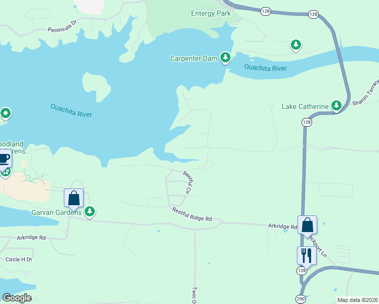 map of restaurants, bars, coffee shops, grocery stores, and more near 134 Cannon Ridge Point in Hot Springs