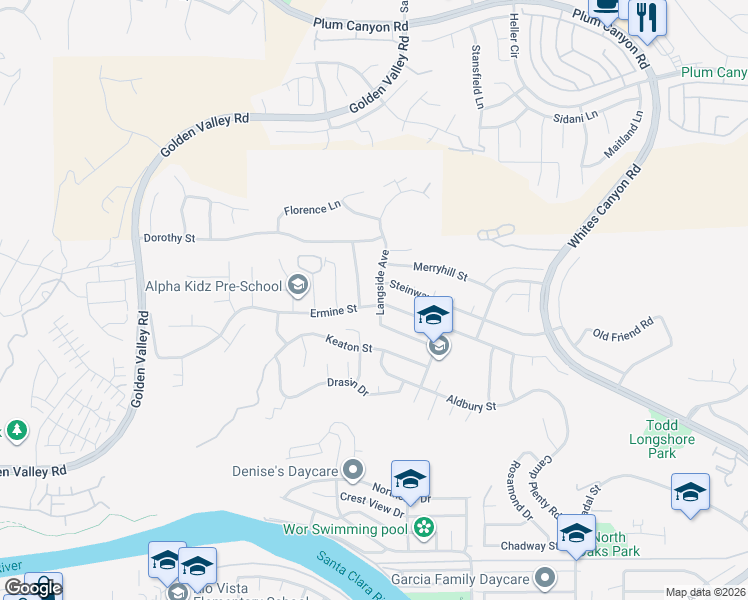 map of restaurants, bars, coffee shops, grocery stores, and more near 20005 Ermine Street in Santa Clarita