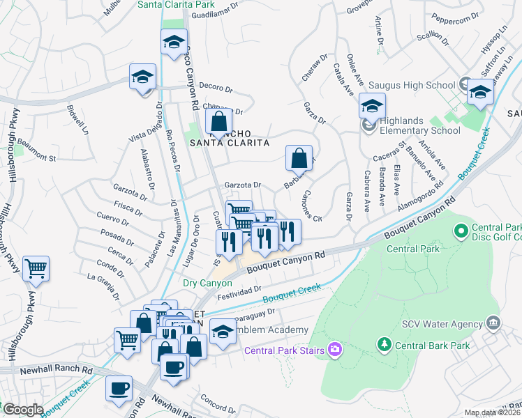 map of restaurants, bars, coffee shops, grocery stores, and more near 26914 Vía Terraza in Santa Clarita