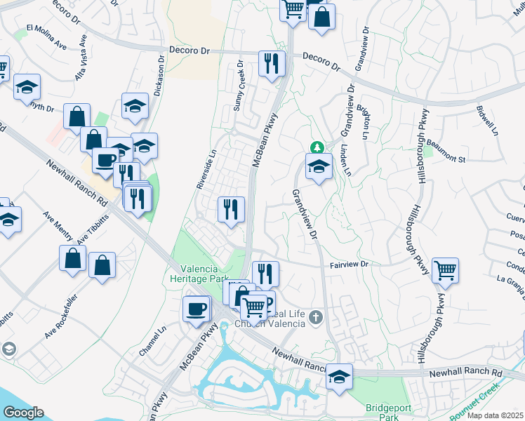 map of restaurants, bars, coffee shops, grocery stores, and more near 27389 Parklane Way in Santa Clarita