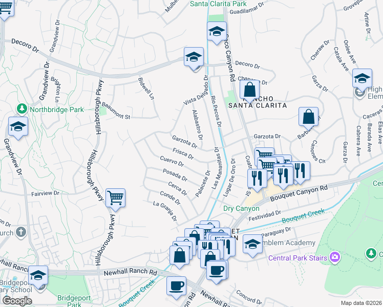 map of restaurants, bars, coffee shops, grocery stores, and more near 23005 Frisca Drive in Santa Clarita