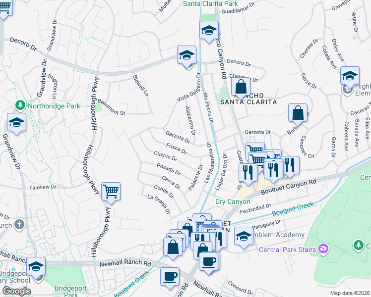 map of restaurants, bars, coffee shops, grocery stores, and more near 23005 Frisca Drive in Santa Clarita