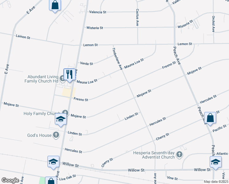 map of restaurants, bars, coffee shops, grocery stores, and more near 17861 Fresno Street in Hesperia