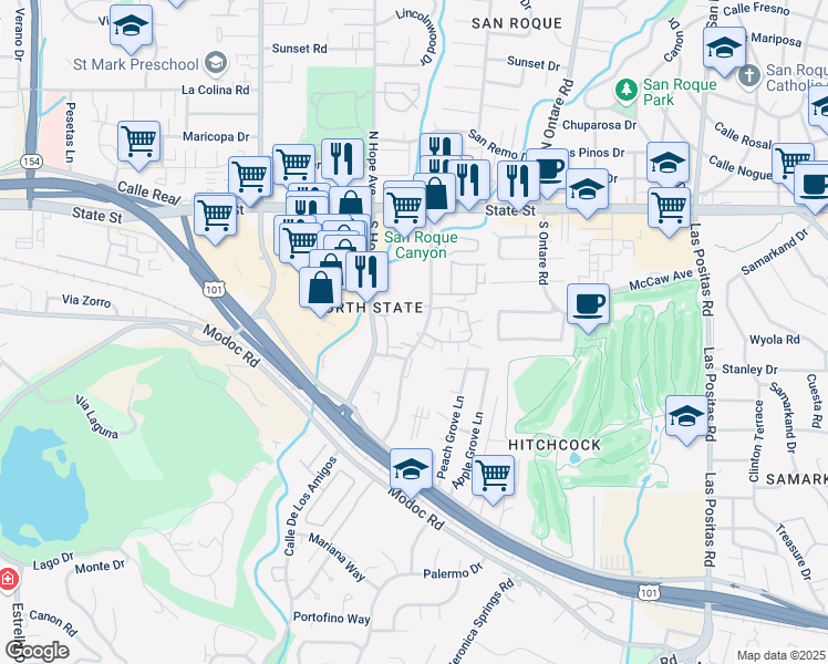 map of restaurants, bars, coffee shops, grocery stores, and more near 203 Hitchcock Way in Santa Barbara