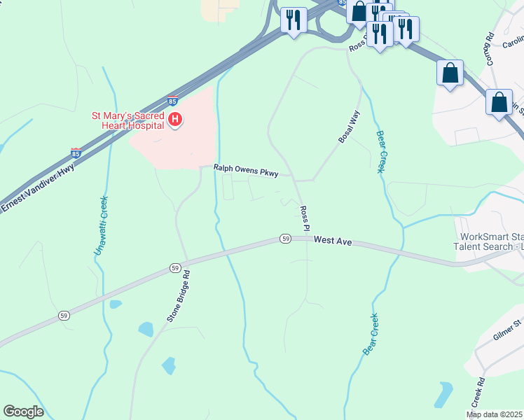 map of restaurants, bars, coffee shops, grocery stores, and more near 115 Ross Place in Lavonia