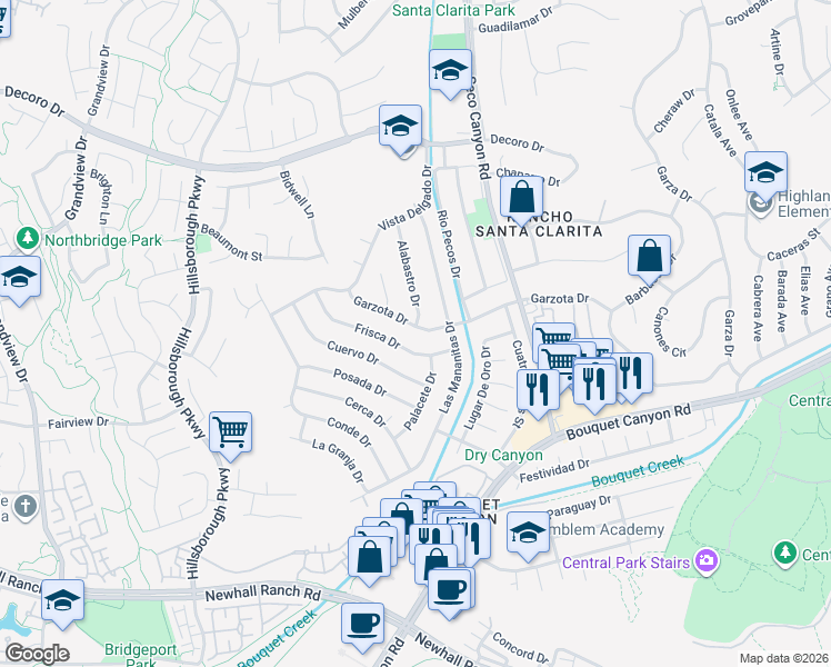 map of restaurants, bars, coffee shops, grocery stores, and more near 22936 Garzota Drive in Santa Clarita