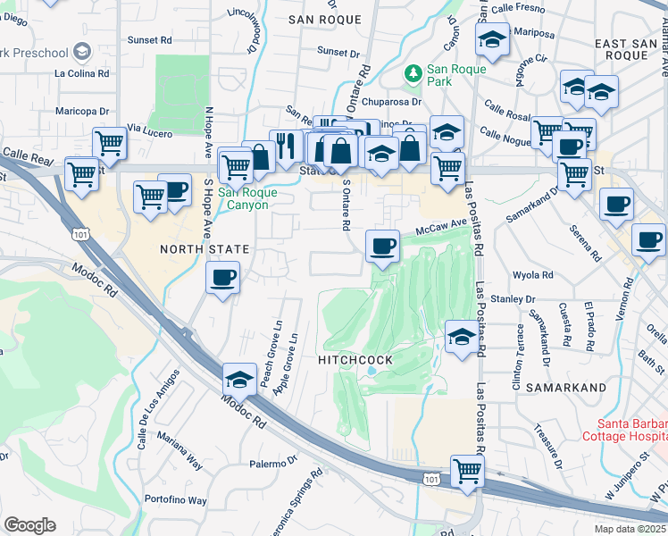 map of restaurants, bars, coffee shops, grocery stores, and more near 3623 San Gabriel Lane in Santa Barbara