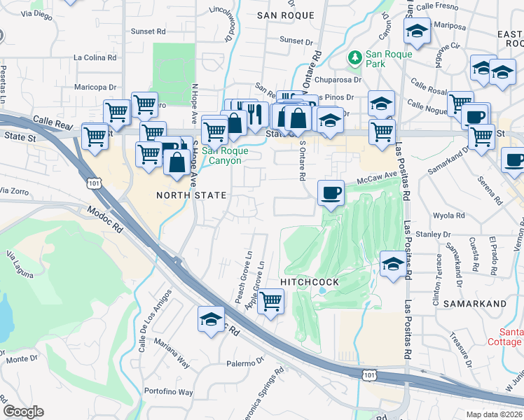 map of restaurants, bars, coffee shops, grocery stores, and more near 3662 San Gabriel Lane in Santa Barbara