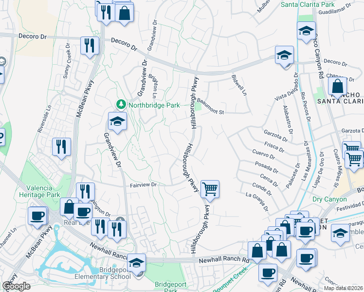 map of restaurants, bars, coffee shops, grocery stores, and more near 27224 Waterford Drive in Santa Clarita