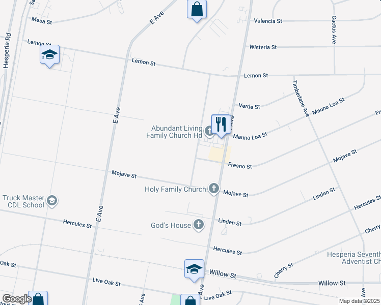 map of restaurants, bars, coffee shops, grocery stores, and more near Fresno Street in Hesperia