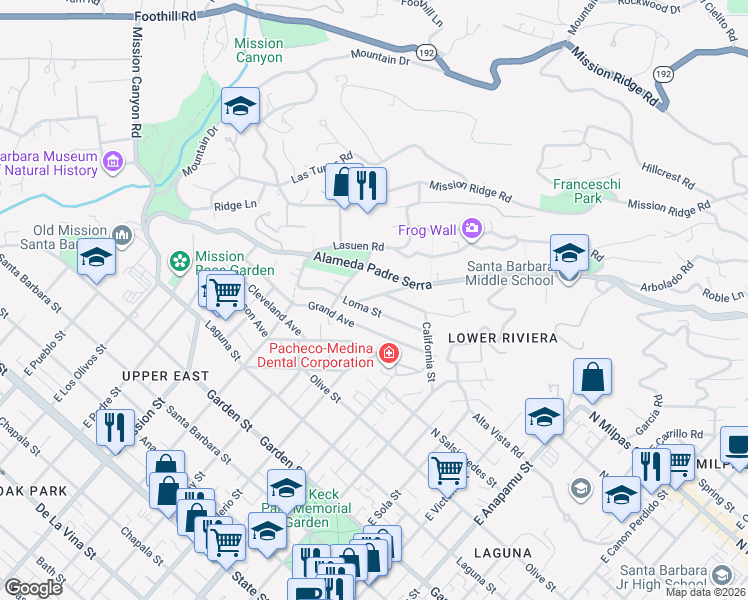 map of restaurants, bars, coffee shops, grocery stores, and more near 820 Arguello Road in Santa Barbara
