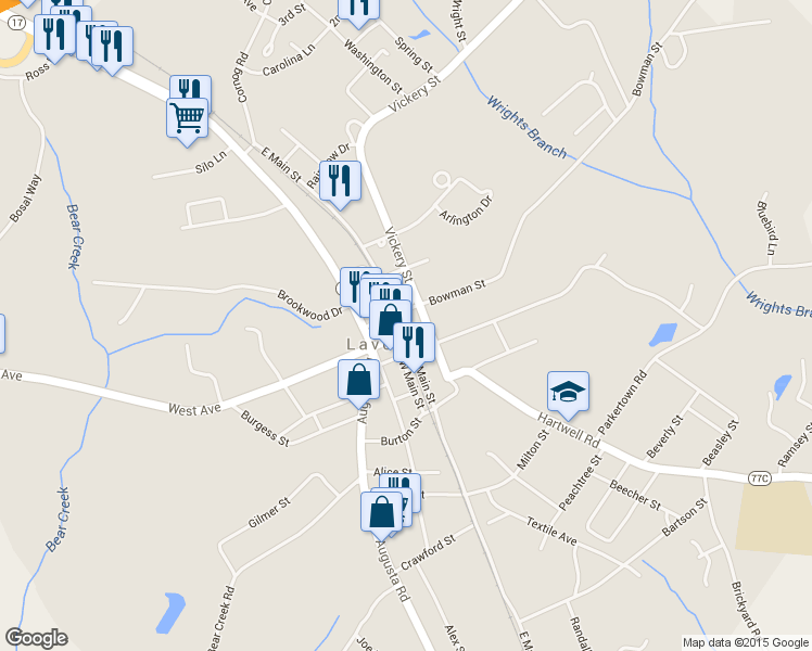 map of restaurants, bars, coffee shops, grocery stores, and more near 1226 East Main Street in Lavonia