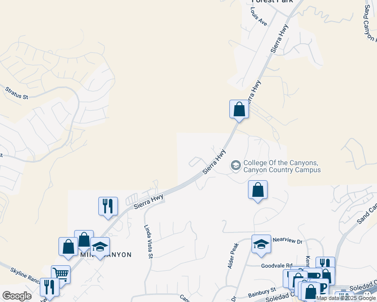 map of restaurants, bars, coffee shops, grocery stores, and more near 17165 Sierra Highway in Santa Clarita