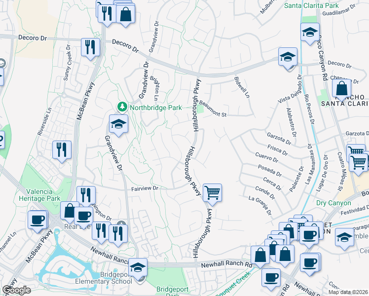 map of restaurants, bars, coffee shops, grocery stores, and more near 27224 Waterford Drive in Santa Clarita
