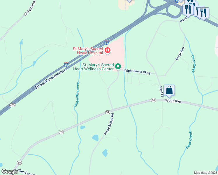 map of restaurants, bars, coffee shops, grocery stores, and more near 1 Clear Creek Parkway in Lavonia